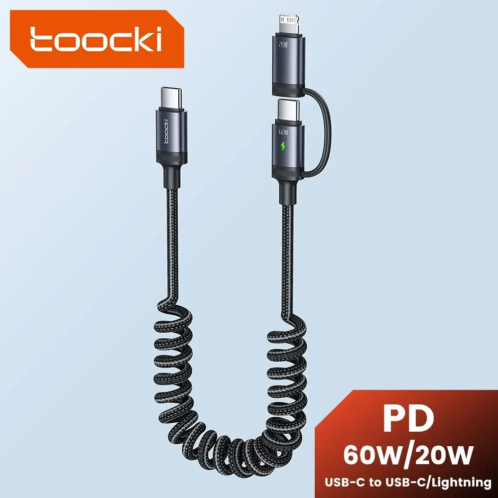 Toocki 2 in 1 PD 60W Type C Cable For iPhone 15 Pro Samsung S23 Xiaomi 2.4A Fast Charging USB Car Spring Cable For iPhone 14 13