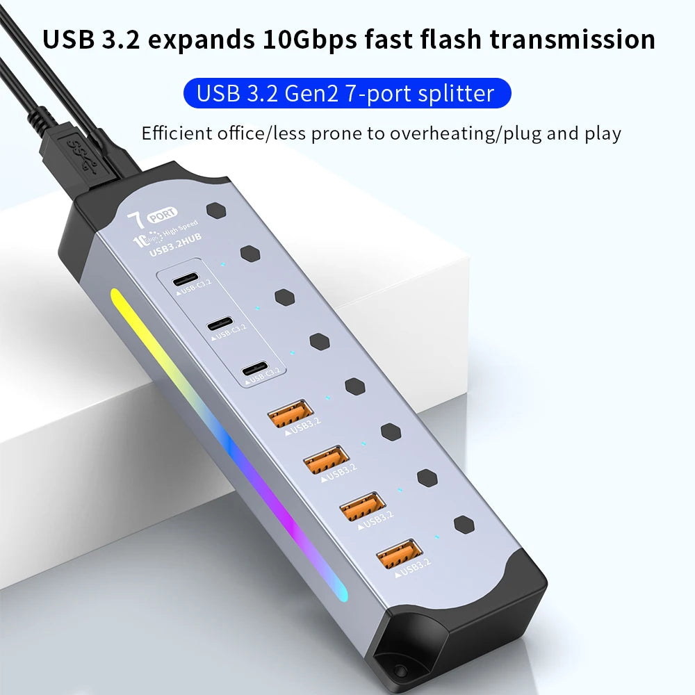 7Port USB 3.2 USB-C Hub 10Gbps USB-A USB-C Ports Splitter Individual Switches 12V US/EU Power Adapter Expander for Laptop PC