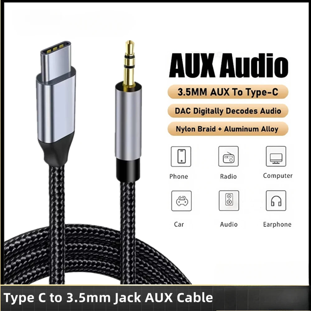 USB Type C To 3.5Mm Jack AUX Cable AUX Audio Cable USB Type C to 3.5mm Audio Jack Cable Car HIFI Stereo Sound Audio Connectors