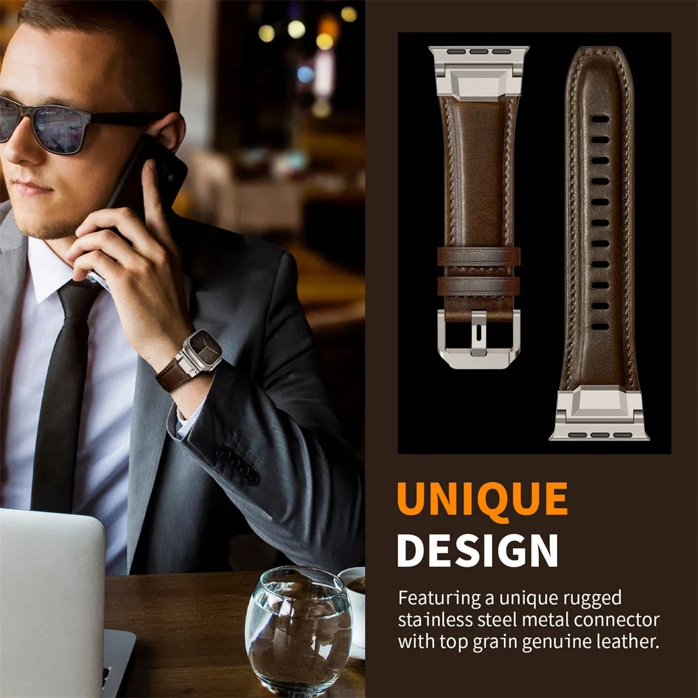 Genuine Leather bands For Apple watch ultra 3 2 49mm 44mm 45mm 46mm NEW Mecha Design bracelet iWatch series 11 10 9 8 7 6 5 SE