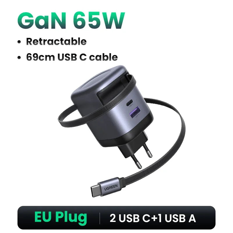 UGREEN 100W GaN Charger With Retractable USB C Cable UFCS PPS PD Fast Charger For Laptop Macbook Pro iPad Tablet iPhone Samsung