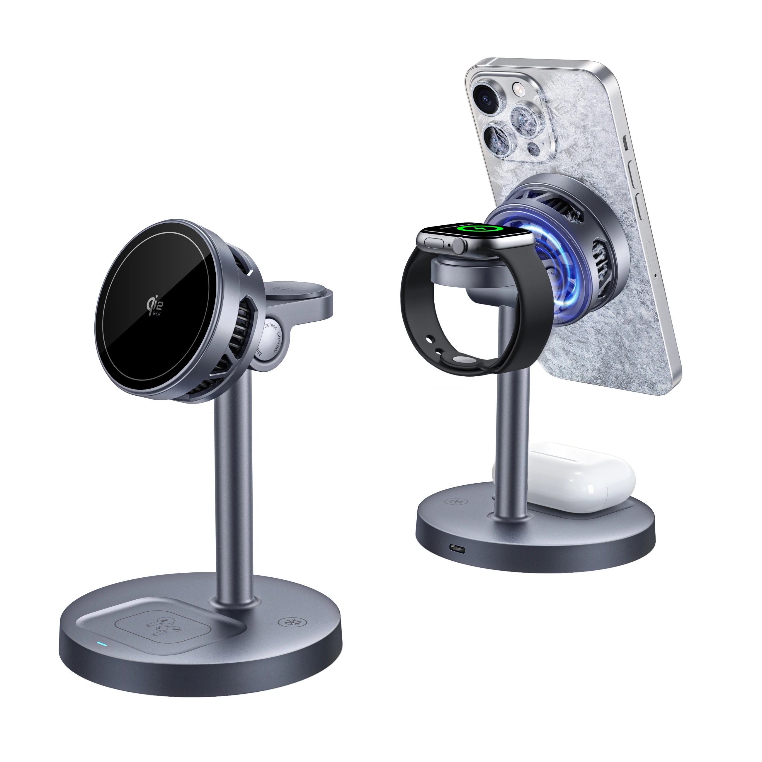 25W Wireless Charging Station with Cooling Fan QI2.2 Wireless Charger Stand for iPhone 17/16/15/14/13/12, Apple Watch, AirPods