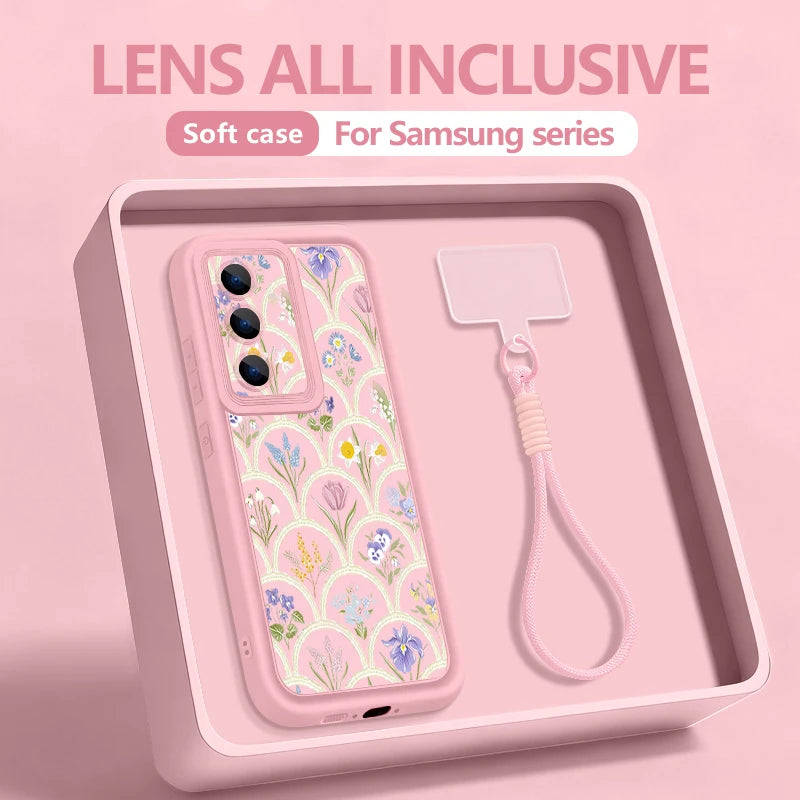 Romantic Garden Patterned Lanyard Phone Case For Samsung Galaxy S25 S24 FE S26 S24 S22 Ultra S23 Plus S25 Edge Soft Strap Cover