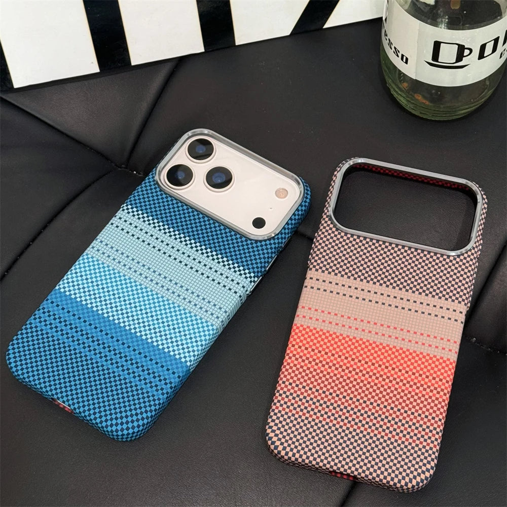 Luxury Kelvar Carbon Fiber Colorful Case for iPhone 17 16 15 14  13 Pro Max Metal Lens Frame Ultra Thin Hard Shockproof Cover