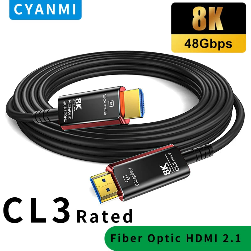 HDMI Cables 50FT,8K HDMI 2.1 Fiber Optic Cable CL3 Rated,48Gbps 8K@60 4K@120Hz/144Hz,eARC HDCP 2.2&2.3,Compatible for Xbox/PS5