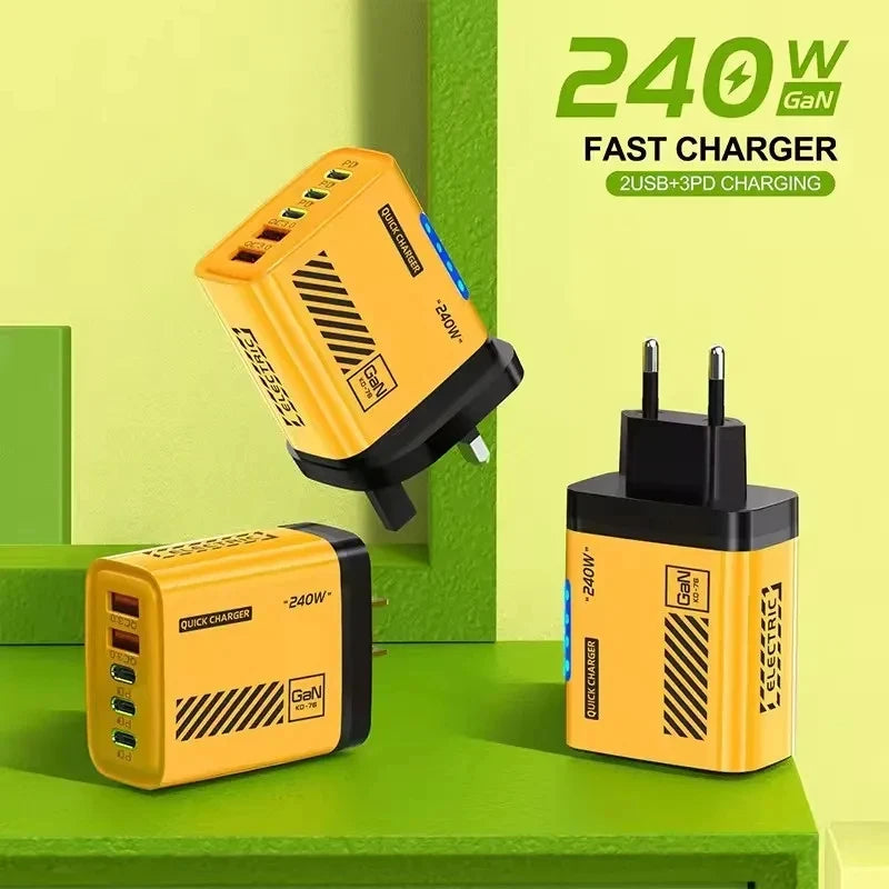 240W QC3.0 PD 5 Ports GaN Fast Charger US/EU Plug Phone Charging Head Adapter with LED Light for iPhone Samsung Huawei Xiaomi