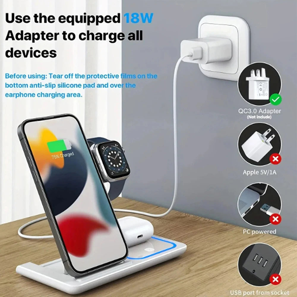 15W 3 in 1 Wireless Charger Stand Pad Foldable Fast Charging Station Dock For IPhone17 16 15 14 13 12 11 X 8 Apple Watch Airpods