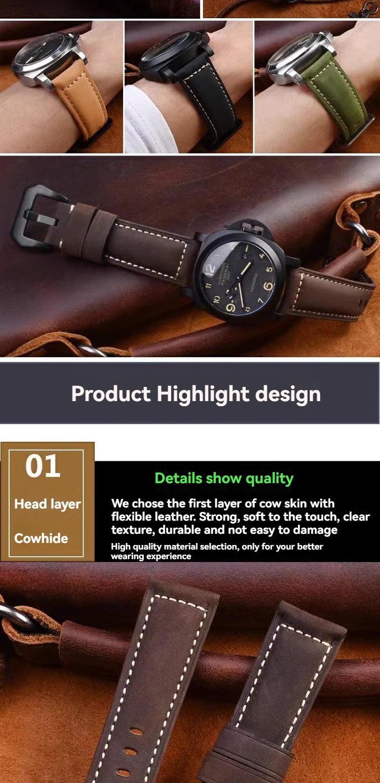 For Panerai Fossil SEIKO TISSOT Watchband Genuine Leather Bracelet male Frosted cowhide Strap Watch band 22 24mm 26m Accessories
