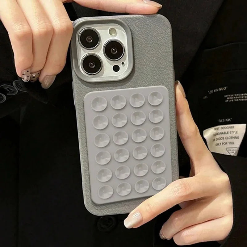 Luxury 3D Suction Cup Stand Litchi Pattern Phone Case For iPhone 17 16 15 14 Pro Max Plus 11 12 13 Pro Max X XR XS 16E Cover