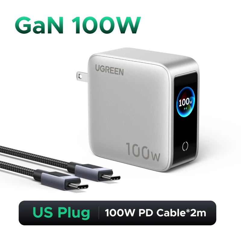 UGREEN 100W GaN Charger With Smart Display QC4.0 PD 3.0 USB C Charger For MacbookPro Laptop iPhone 17 16 Pro iPad Tablet Samsung