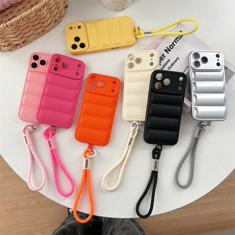 Luxury Down Jacket Puffer Wrist Strap Phone Case for Samsung Galaxy S25 Edge S24 S23 S22 S21 S20 FE Plus Ultra Soft Cover