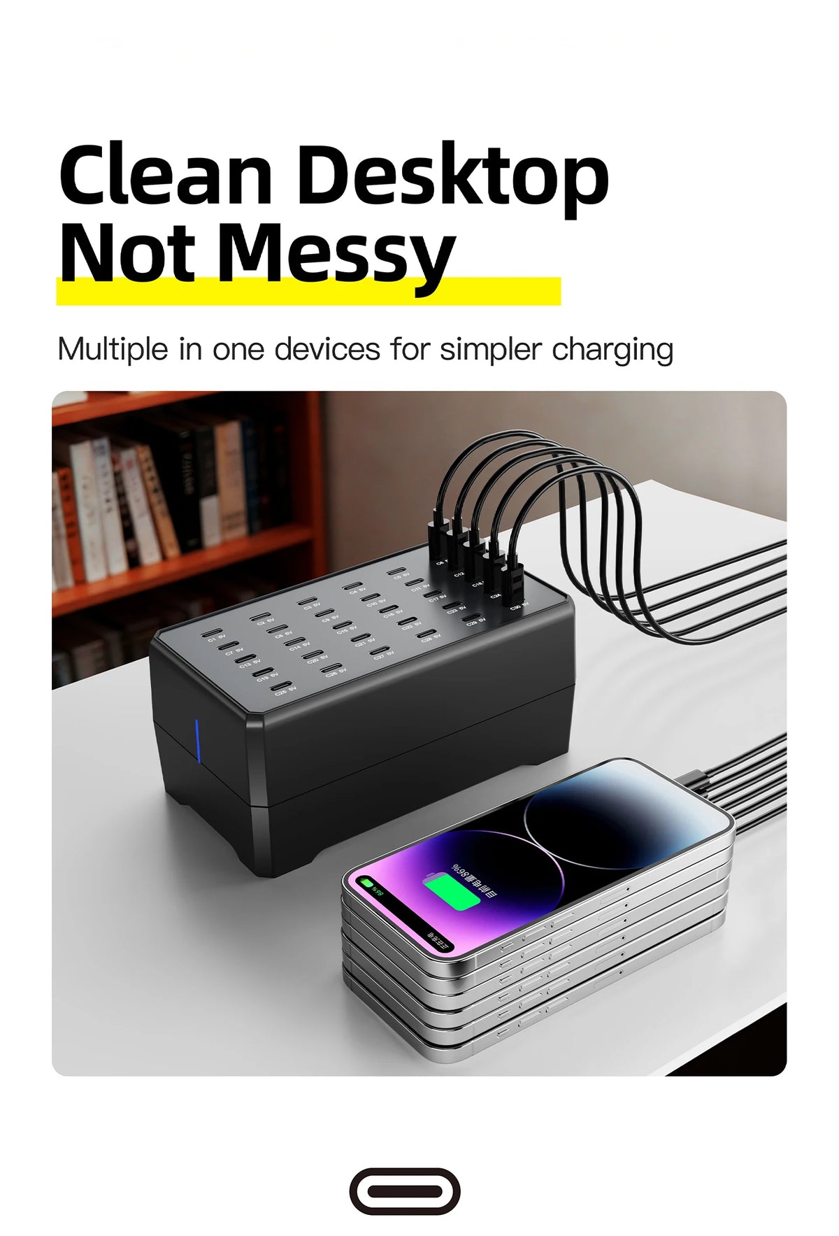 100W 30-Port Type-C Multi-Device Desktop Charger: Rapid & Efficient Charging Hub for Phones and Tablets