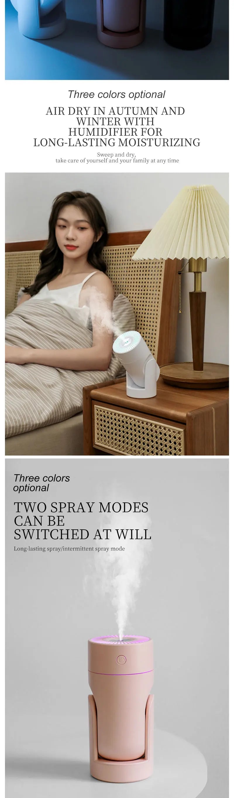 "360° Oscillating Humidifier & Air Purifier: Smart Desktop Mist Control with Ultra-Quiet USB Operation"