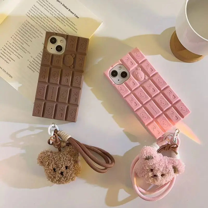 3D Chocolate Rilakkuma Phone Case For iPhone 17 16 Pro Max 15 14 Plus 13 12 11 Pro Max Soft Cover with Cute Bear Wrist Strap