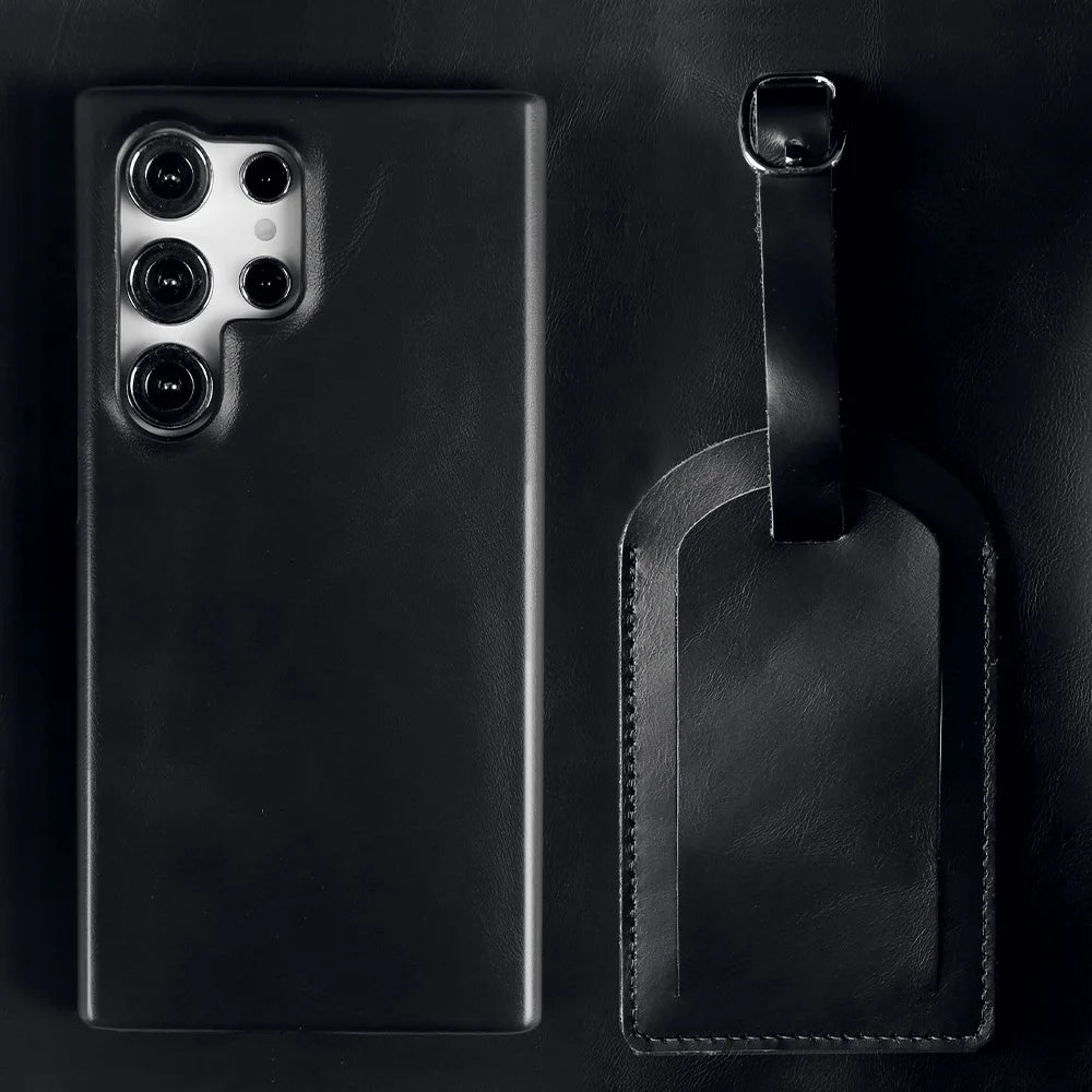 Luxury Business Genuine Leather Phone Case For Samsung Galaxy S25 Ultra S24FE S23 S22 S21 S20 Vintage Back Cover + Luggage Tag