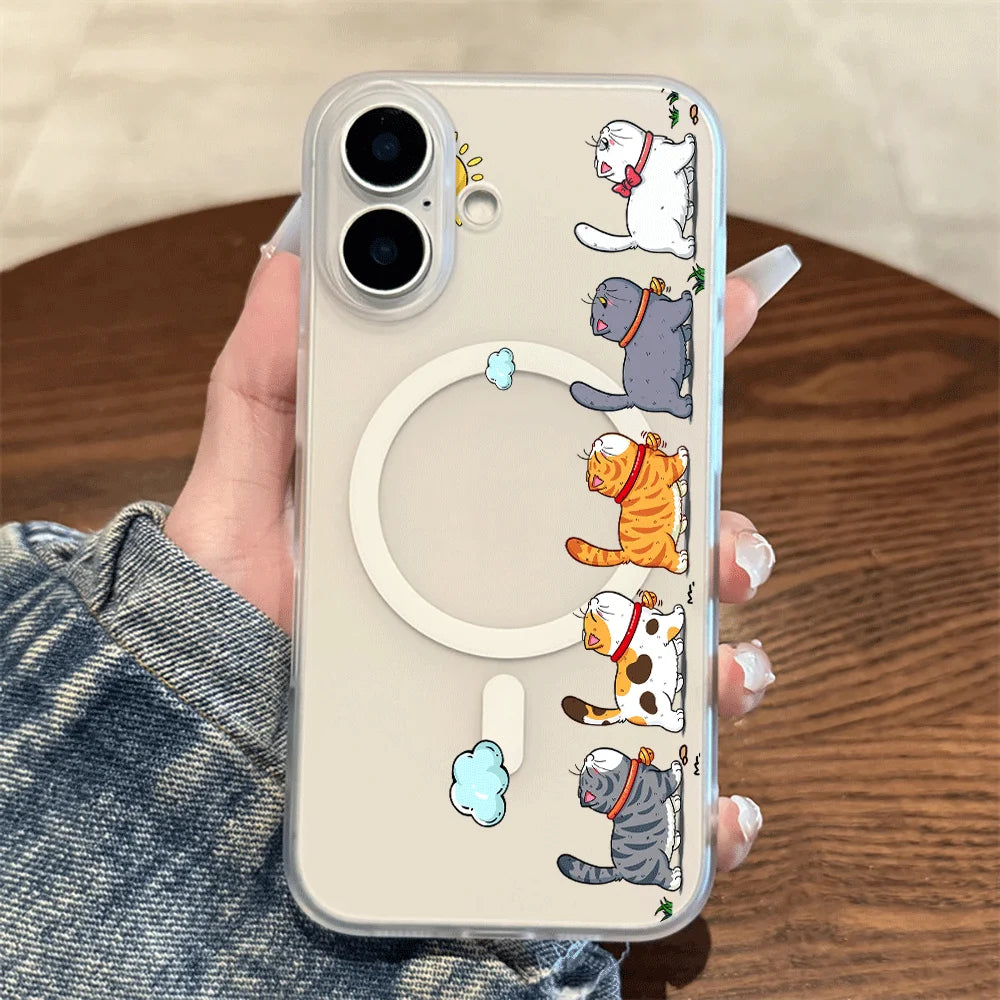 Hanging Cat Cloud Sun Print Magnetic Phone Case For Magesafe iPhone 17 13 14 16 15 12 Pro Max 17 Air Wireless Charging TPU Cover