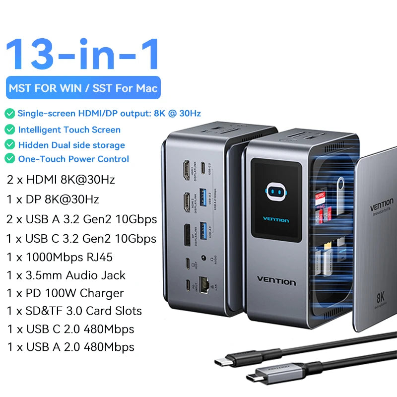 Vention Smart Screen 13 in 1 8K@30Hz USB C MST Docking Station Hub Triple Monito USB 3.2 10Gbps for MacBook Pro Windows Laptop