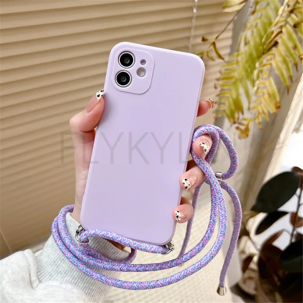 Crossbody Necklace Strap Lanyard Cord Phone Case For iPhone 13 12 MiNi 11 14 15 Pro X XR XS Max 6S 7 8 Plus Soft Silicone Cover