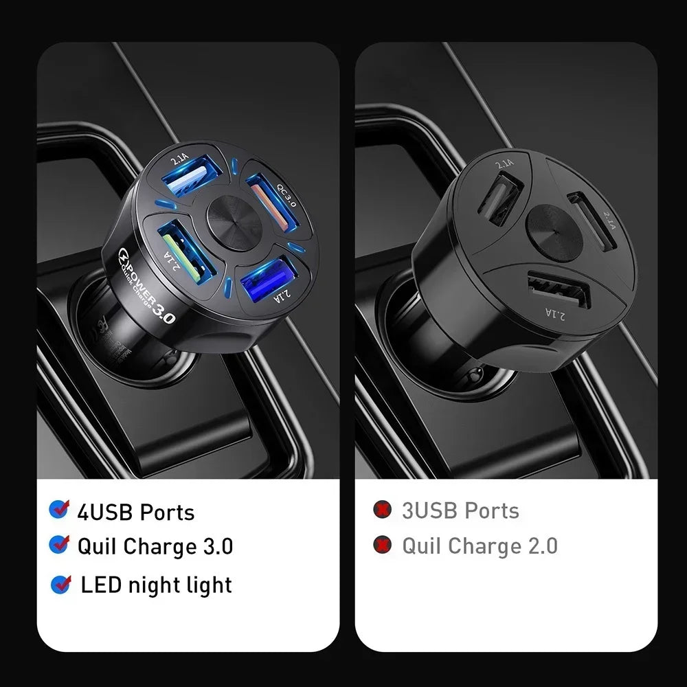 4 in 1 Retractable Car Charger Fast Charging Car Charger  with USB Type-C Cable & 2 Type C Charging Ports, Universal Car Charger