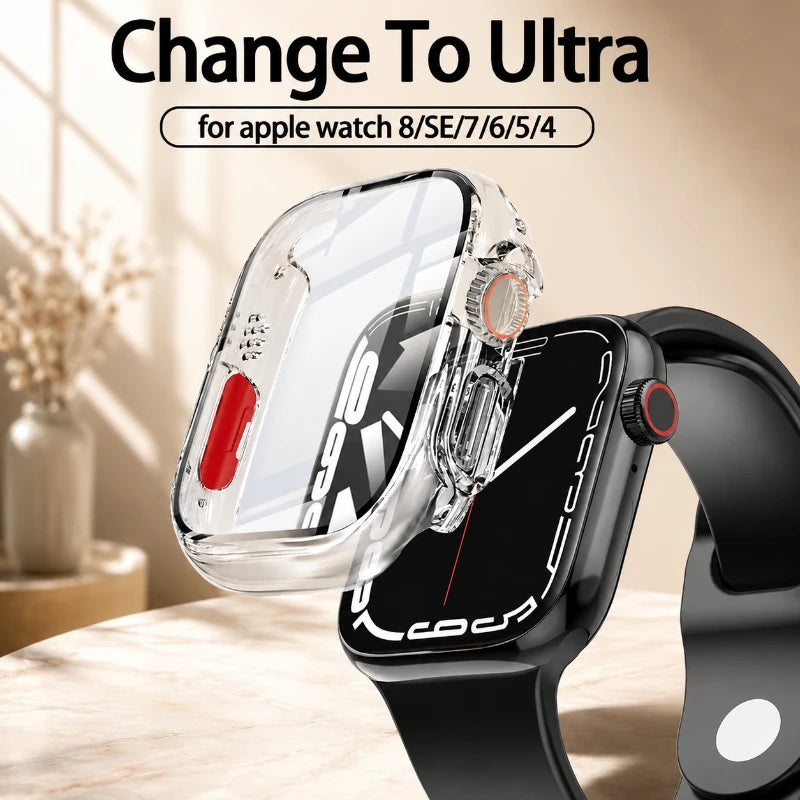 PC Case With Tempered Glass Screen Protector For Apple Watch Series 40mm 44mm 41mm 45mm Cover Protective Shell Change To Ultra