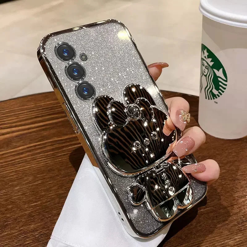 Glitter Mirror Rabbit Stand Case For Samsung A07 A17 A56/36/26/16/06/55/35/25/15/05S S25 FE S24 S23 Ultra Plus Shockproof Cover
