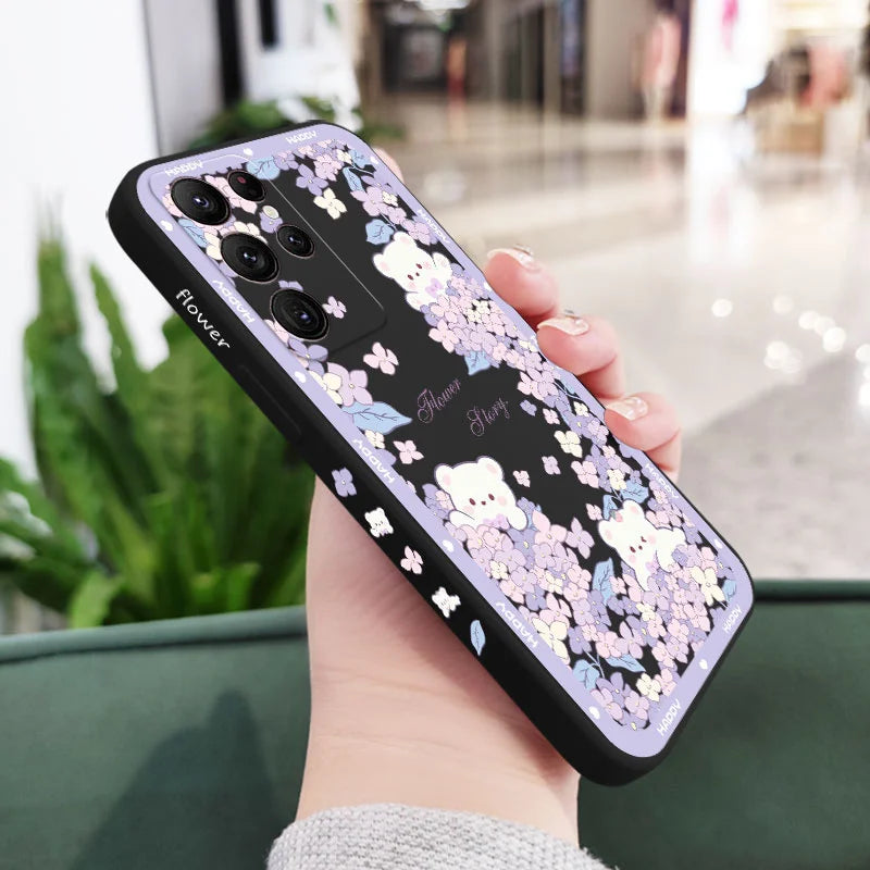 Flower Bush Bear Phone Case For Samsung Galaxy S25 FE S24 S23 S22 S21 S20 Ultra Plus FE S10 Note 20 Ultra 10 9 Plus Cover