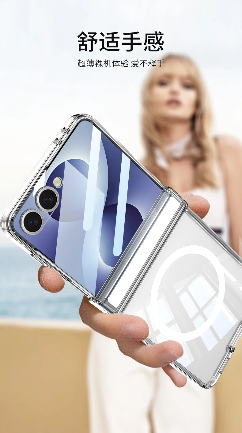 For Samsung Galaxy Z Flip 8 Case Transparent Magnetic Wireless Charging Hinge With Mirror Film Shockproof Back Cover Accessories