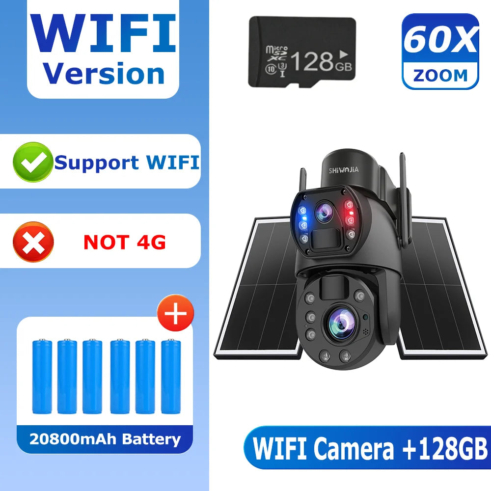 SHIWOJIA 4G Solar Security Camera Outdoor 60X Zoom Dual Screen 10MP WiFi PIR Detection AI Auto Tracking Camera UBOX