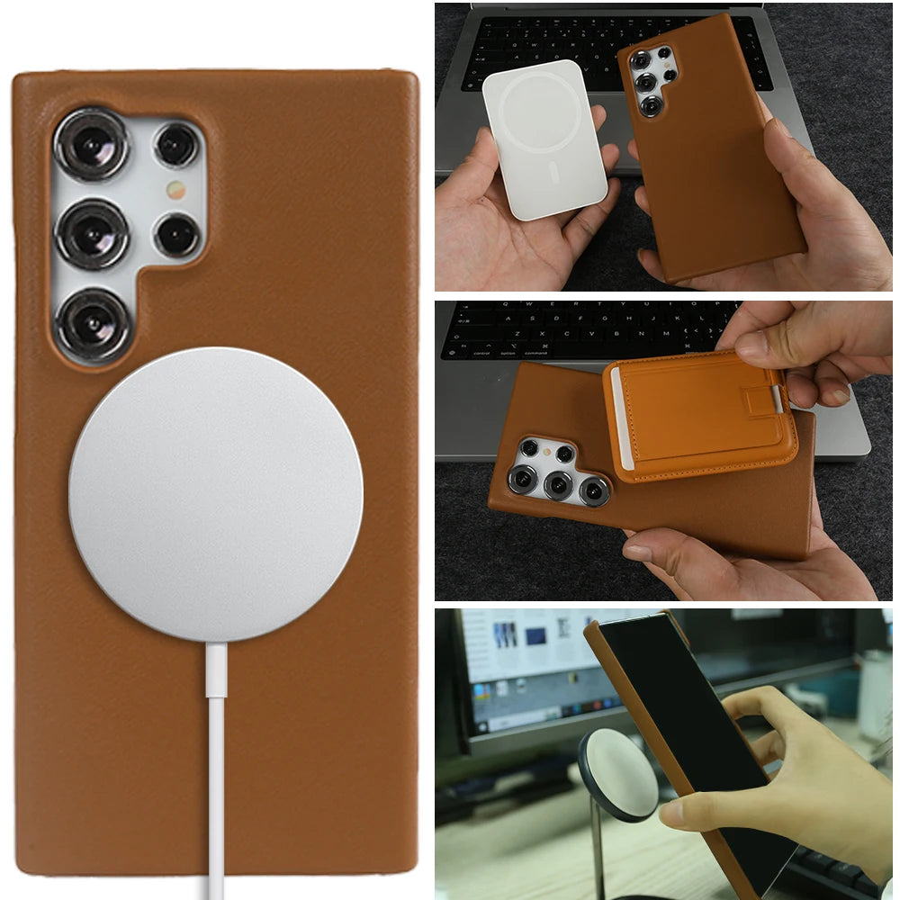 Handmade Premium Genuine Leather Magnetic Case For Samsung Galaxy S25 Ultra Case S24FE S23 S22 S21 S20 Note20Ultra Magsafe Cover