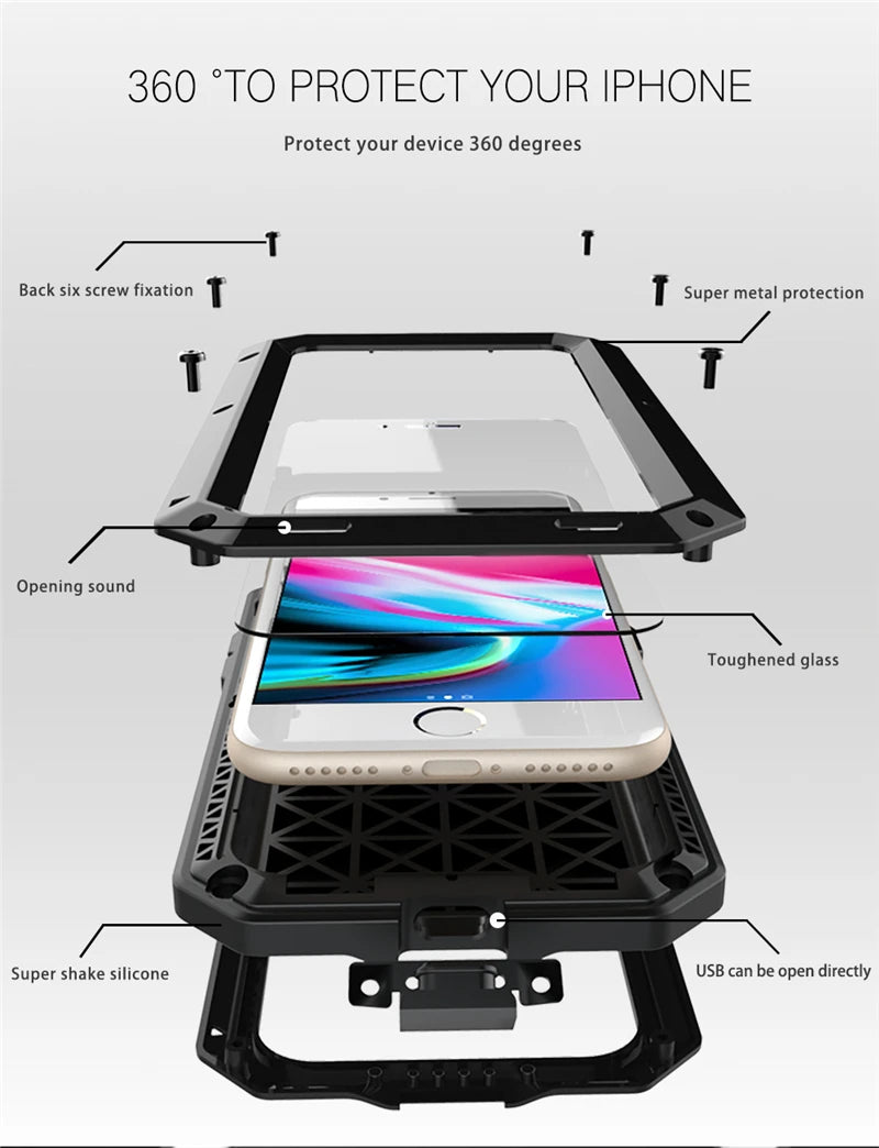 Heavy Duty Protection Armor Metal Aluminum Case for iPhone 16 15 14 13 12 mini 11 Pro 7 8 Plus XS Max XR SE 16e Shockproof Cover