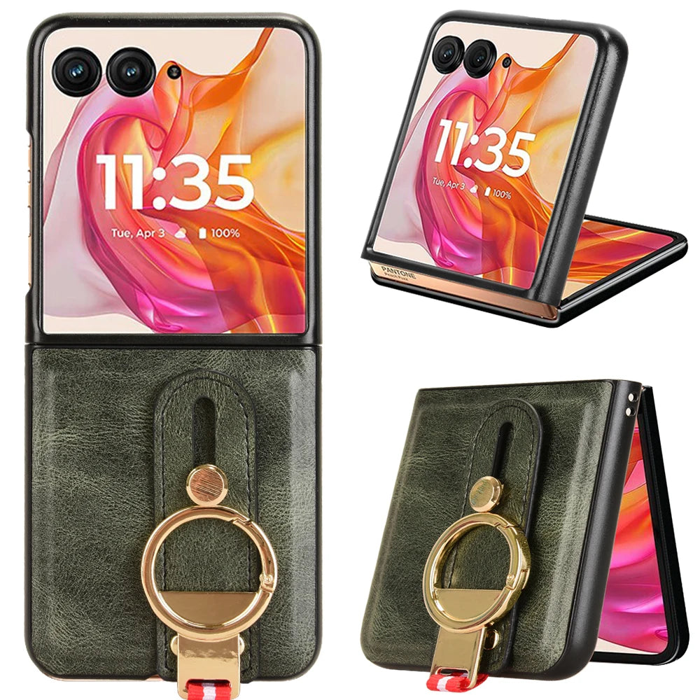 Luxury Wristband Leather Case for Motorola Razr 70 60 50 Ultra 2026 2025 2024 Moto Razr 40 Plus 2023 Cover Ring Opener Funda