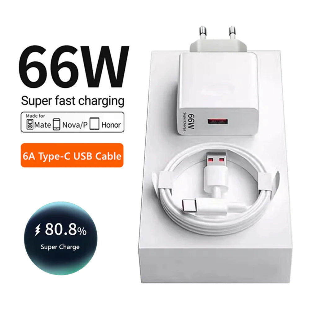 USB Fast Charger 66W Fast Charging QC3.0 EU/US Plug Wall Adapter 6A USB To Type C Cable For Huawei Mate 50 60 Nova 10 Honor 100