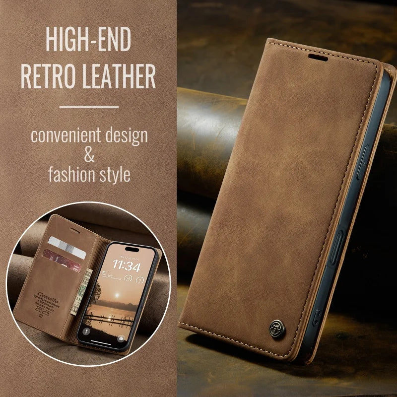 CaseMe Retro Magnetic Flip PU Leather Case for iPhone 17 Air 17 Pro 16 15 14 13 12 11 XS XR 8 7 6S 5 SE Wallet Cover Phone Coque