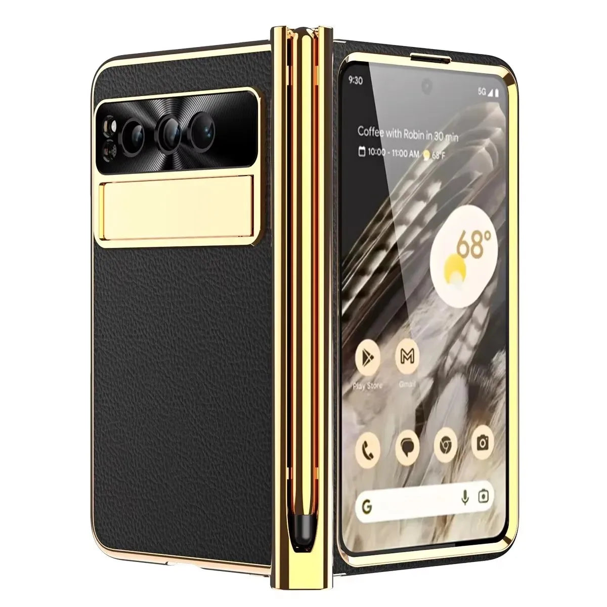 Phone case For Google Pixel Fold Plain Leather Plating Bracket Double Hinge with Pen Shell Film All-inclusive Protective Case