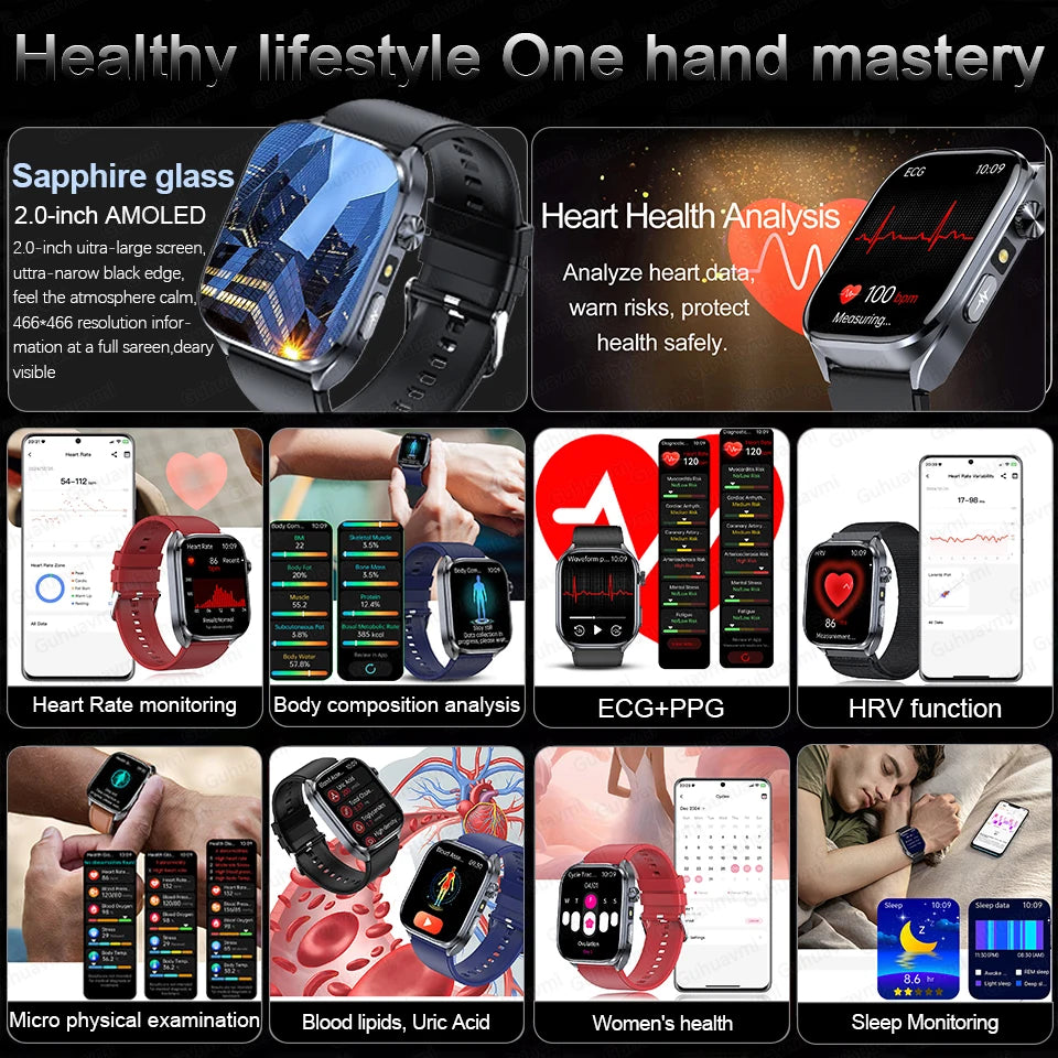2026 New Accurate ECG Smart Watch Heart Health Analysis Blood analysis Blood Lipid Blood Pressure BT call Smart Watches For Men
