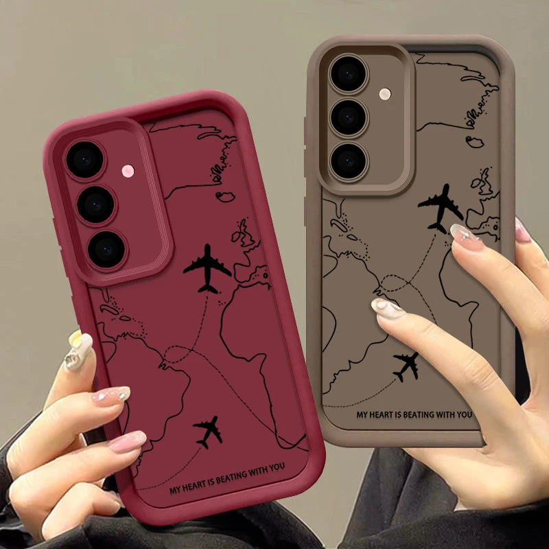 Airplane Route Silicone Case For Samsung Galaxy S25 FE Edge S26 S24 S23 Ultra S22 Plus A57 A37 A17 A14 A15 A55 A56 A36 A26 Cover