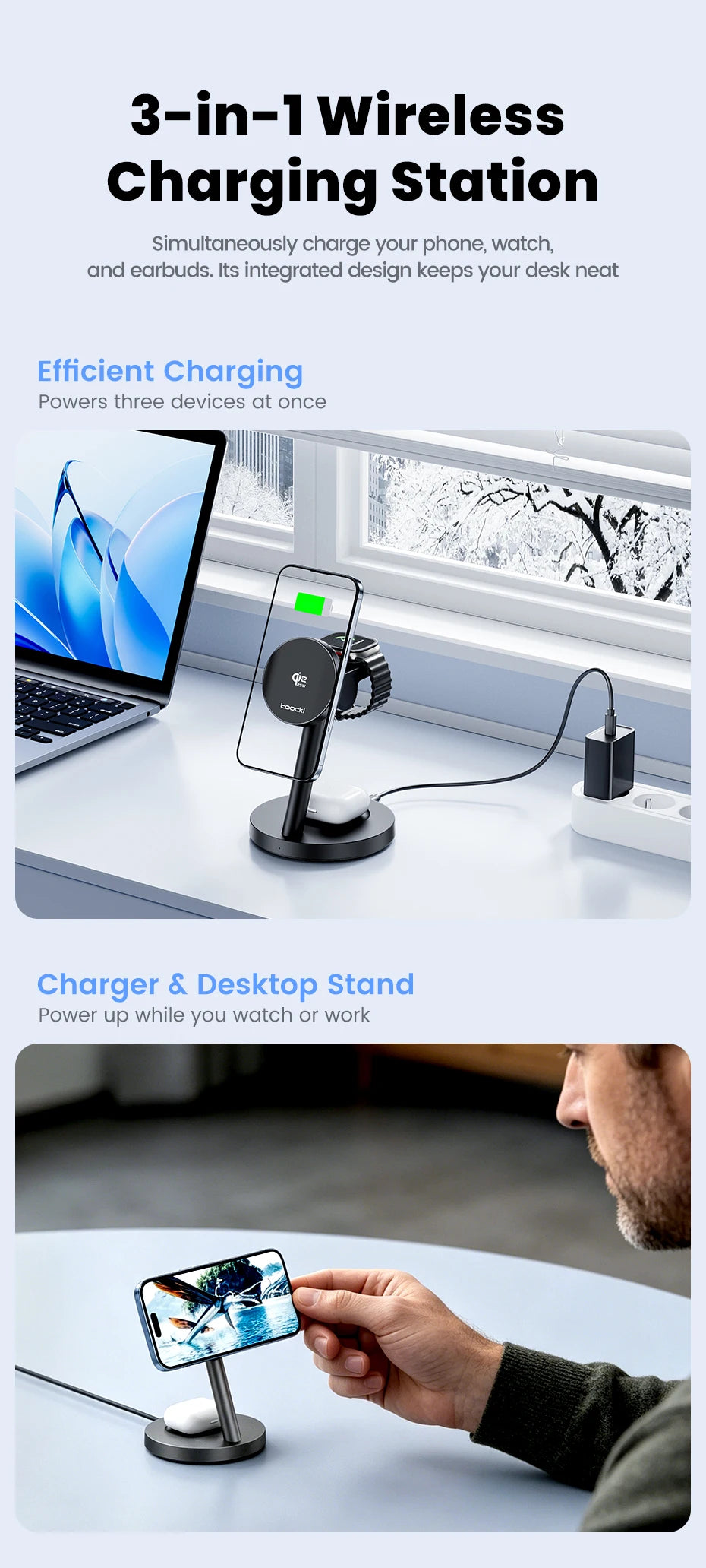 Toocki 3-in-1 Magnetic Wireless Charger 25W Qi2.2 Fast Charging Desktop Wireless Stand For iPhone 15 16 17 Apple Watch Earbuds