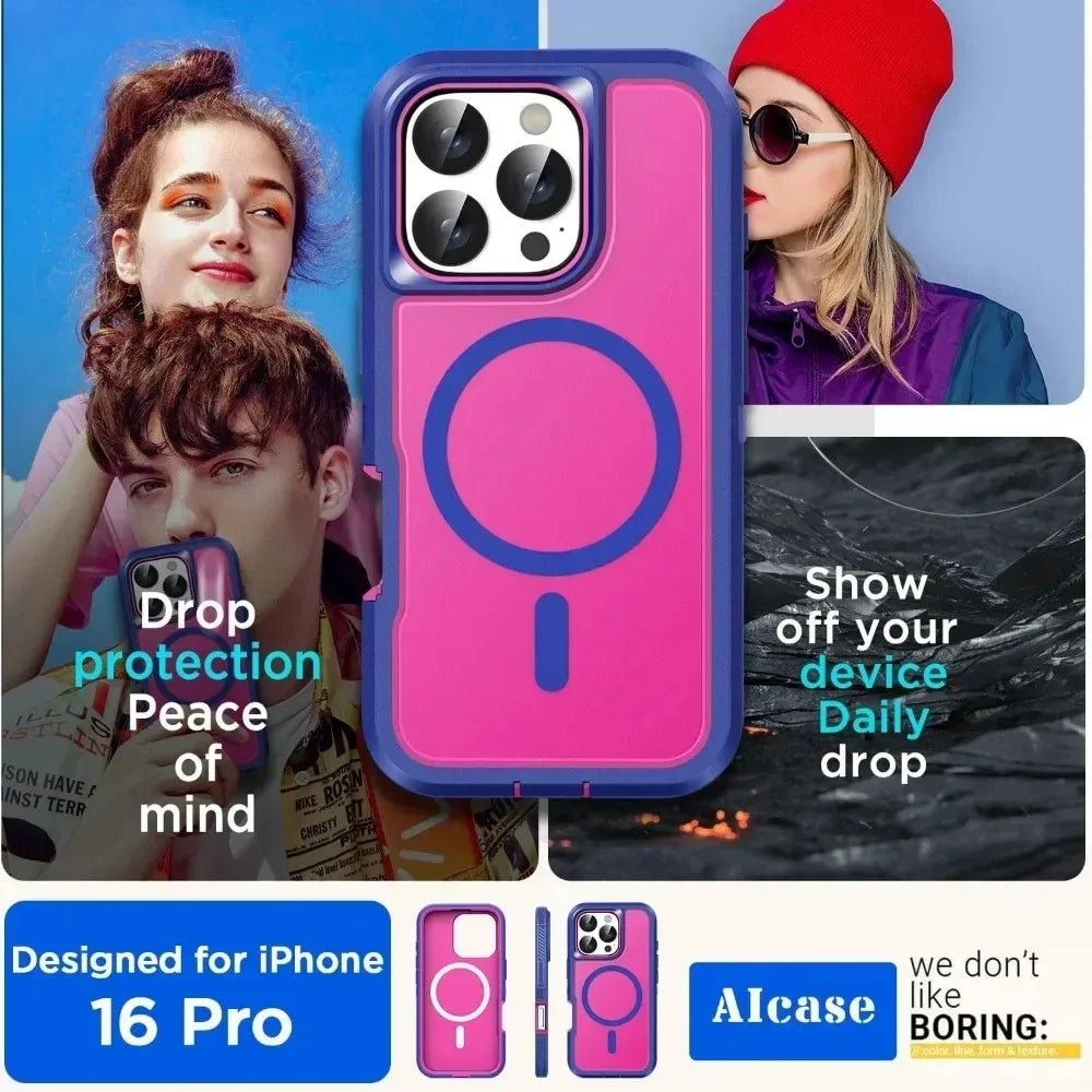 Premium Heavy Duty OTT Magnetic Armor Case for IPhone 17 16 15 14 Plus 13 12 Pro Max Anti-Slip Grip Charging Protect Cover Box