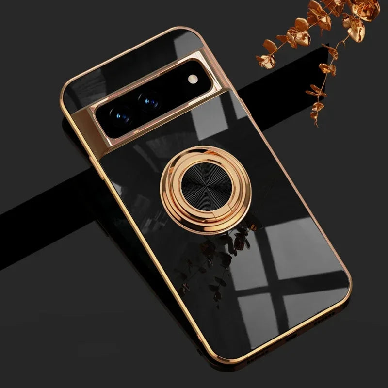 Stylish Plating Soft Silicon Shockproof Case for Google Pixel 10 9 8 7 Pro XL 9A 8A 7A Car Magnetic Ring Bracket Protect Cover