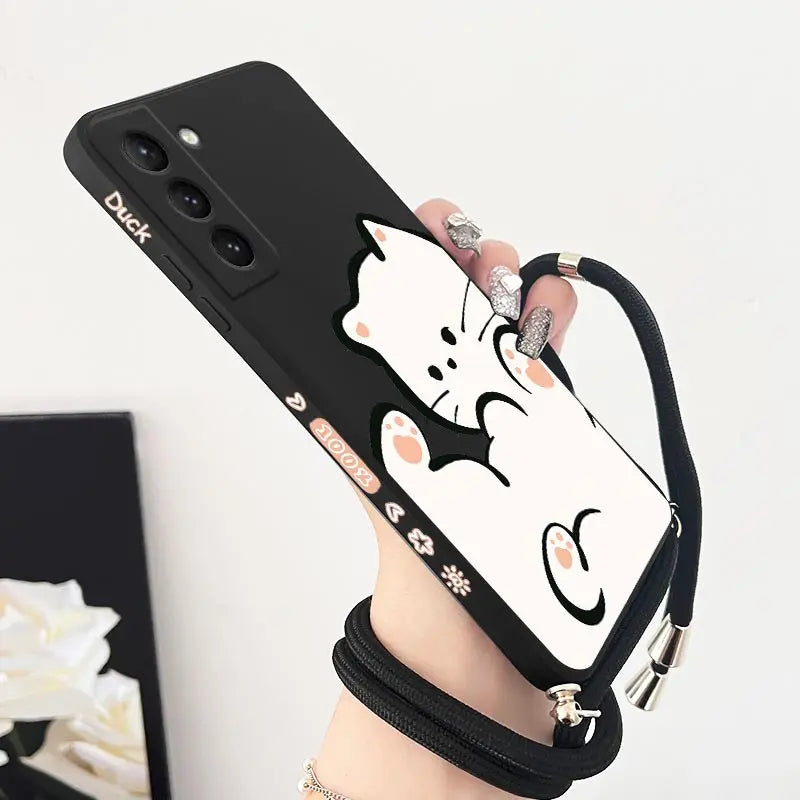White Cloud Cat Crossbody Lanyard Silicone Phone Case For Samsung Galaxy S23 S23 Plus S22 S21 FE S21 S20 S9 Note 20 10 20 Cover