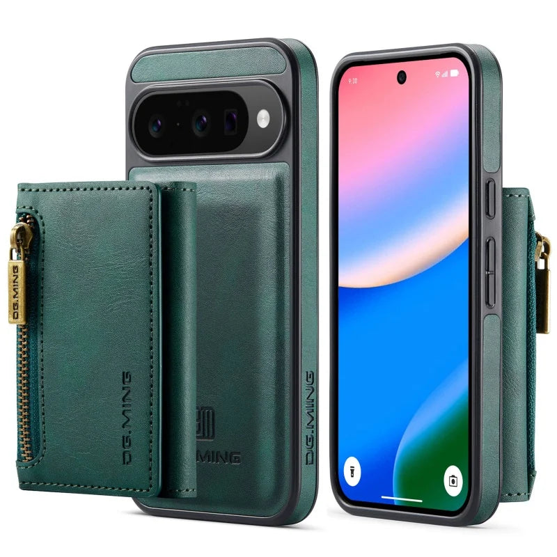 DG.MING Zipper Leather Wallet Phone Case for Google Pixel 10 Pro XL Pro 9 8 2 IN 1 Detachable Card Holder Funda Cover Hoesje Bag