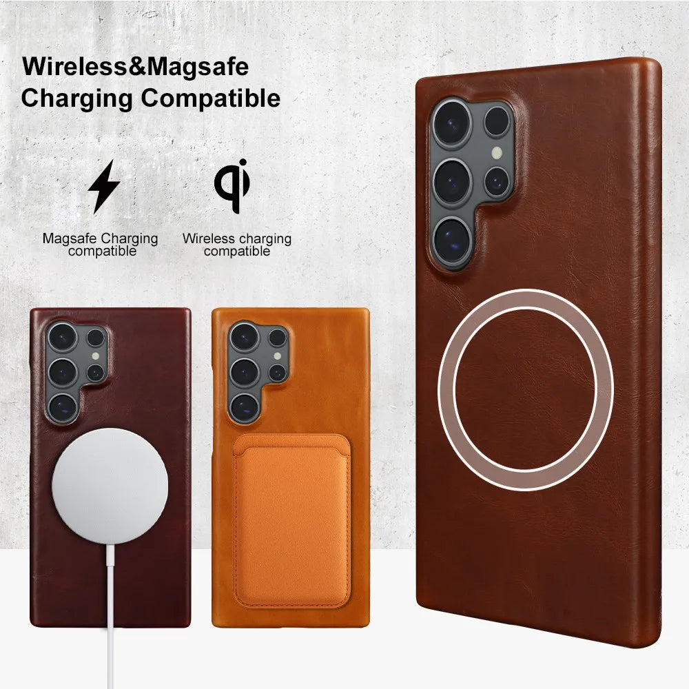 For Samsung S26 Ultra Case Magnetic Magsafe Oil Wax Genuine Leather Phone Cases For Galaxy S25 S24 S23 S22 Cover Wireless Charge