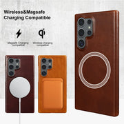 For Samsung S26 Ultra Case Magnetic Magsafe Oil Wax Genuine Leather Phone Cases For Galaxy S25 S24 S23 S22 Cover Wireless Charge