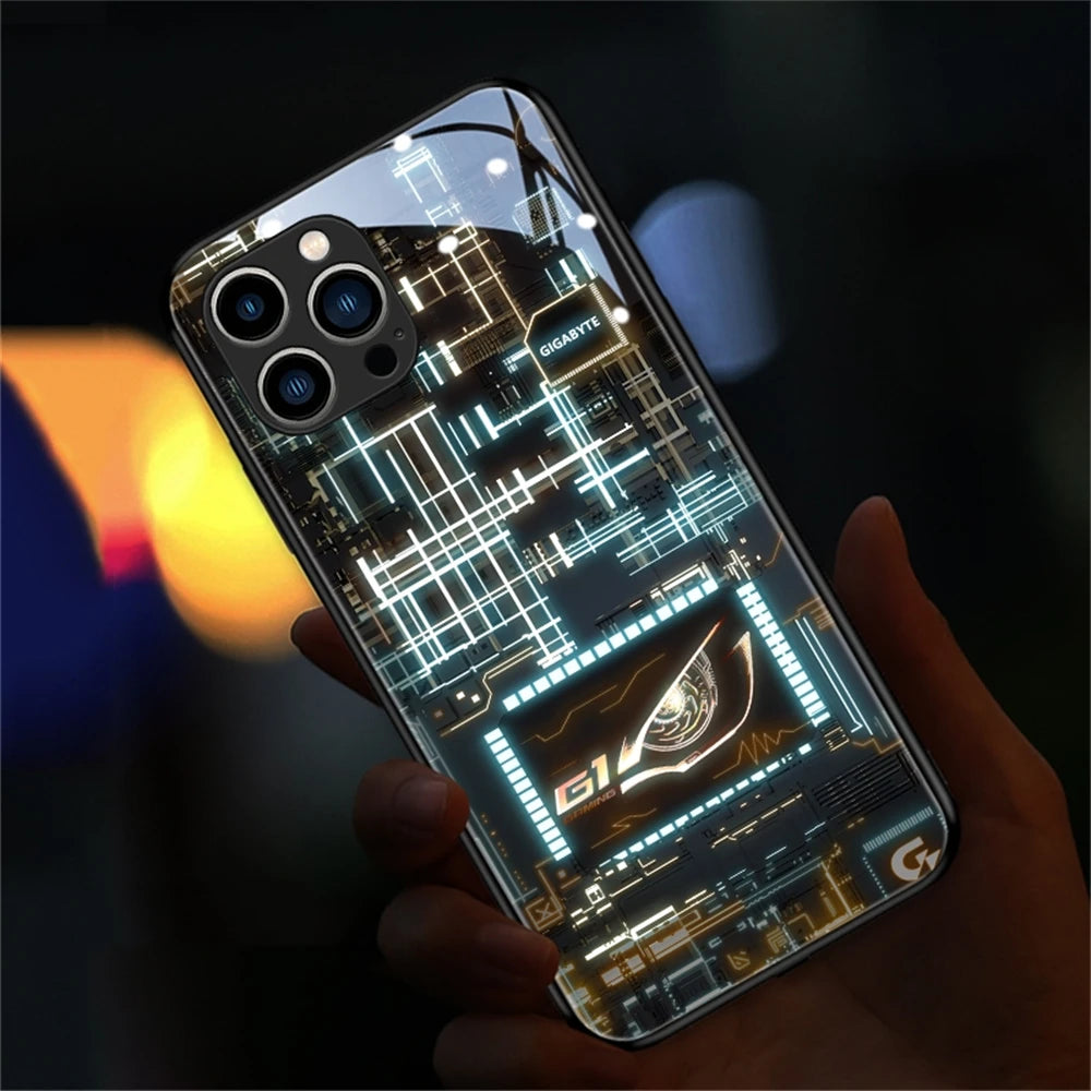Cool PCB Structure Smart LED Light Glow Tempered Glass Phone Case For iPhone Air 17 E 16 E 15 14 13 12 11 Pro Max XS XR Plus