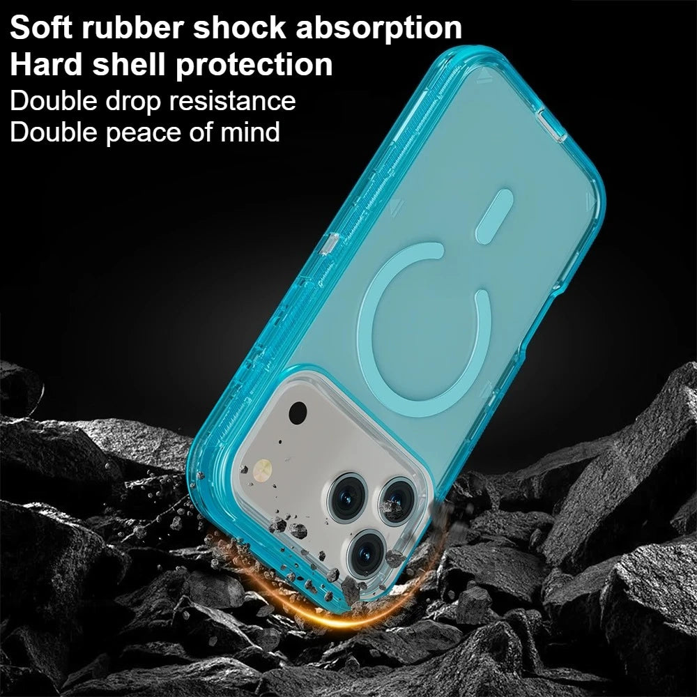 Rugged OTT Armor Magnetic Wireless Charging Clear Case for IPhone 17 Air 16 15 14 Plus 13 12 Pro Max Enhanced Shockproof Cover