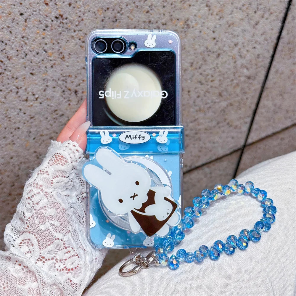 Cute polka dots Miffy Clear Folding Phone Case For Samsung Z Flip 8 7 6 5 4 3 flower Cartoon Miffy protect Cover Wrist Strap﻿﻿﻿﻿