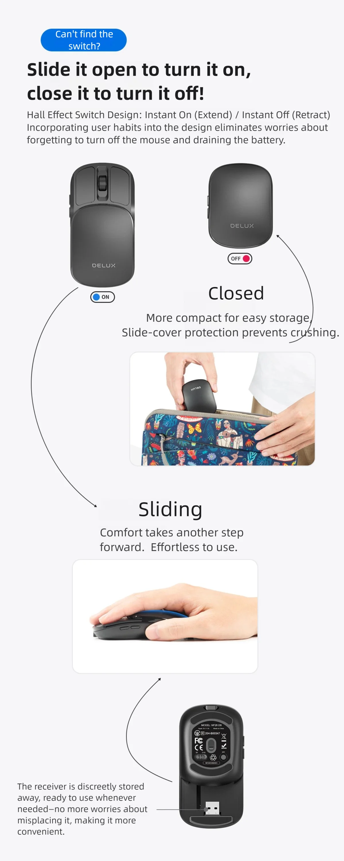 Delux Pocket Folding Mouse Wireless 2.4G Bluetooth5.2 Silent Click Portable Ultra-light 55g for MacBook Tablet Computer PC Mice