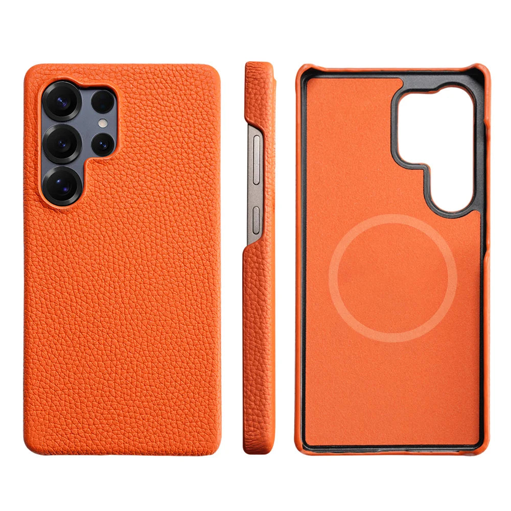 for Magsafe Case for Samsung Galaxy S26 S24 S25 Ultra Plus Natural Cowhide Leather Magnetic Protector Luxury Phone Back Cover