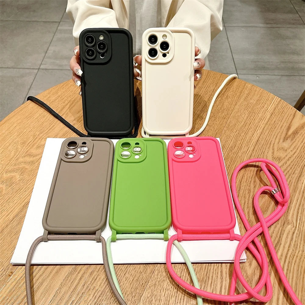 Phone Case For iPhone 14 13 15 16 Pro Max 17 Air 16E 12 11 X XS 8 Plus SE2022 Crossbody Adjustable Lanyard Strap Rope Soft Cover