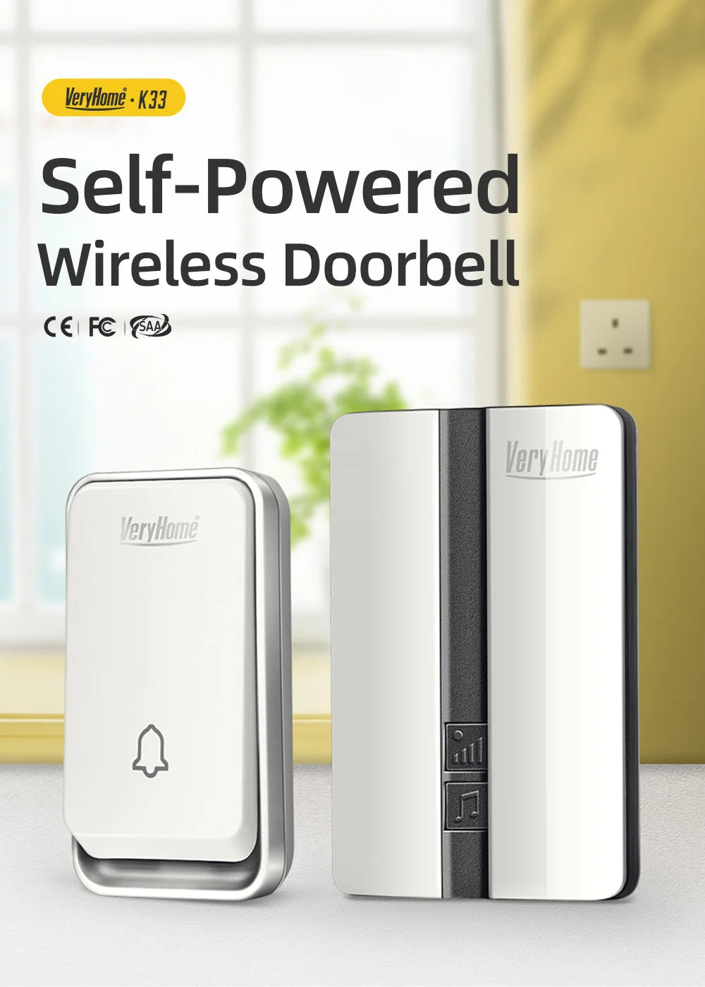 VeryHome Wireless Doorbell Waterproof Self-powered Button Smart Door Bell Sets Home Welcome Outdoor House Chimes  Receiver